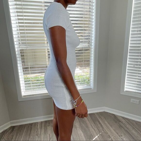 NASTY GAL Cream Knit Ribbed T-Shirt Mini Dress - Picture 3 of 11